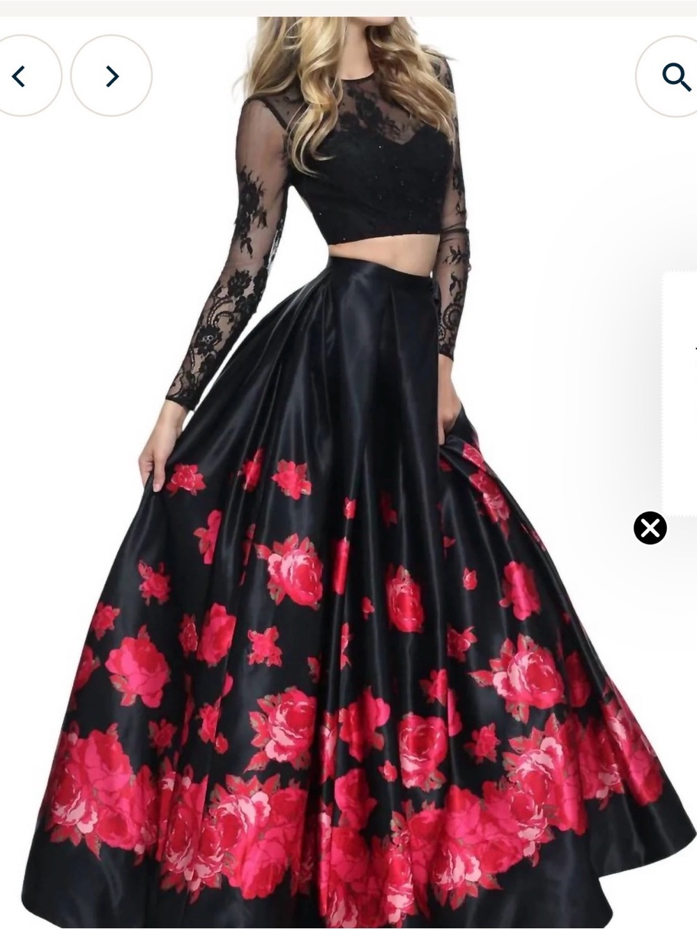 Sherri Hill Two Piece Formal Gown Black A-Line Maxi Skirt with Red Floral Border